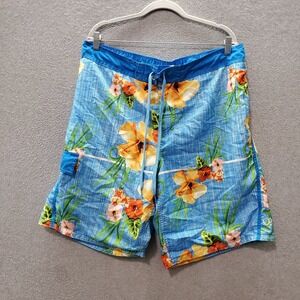 Ocean Pacific OP Men Swimwear Large Blue Floral Trunks Hawaiian 10.5"‎ Inseam